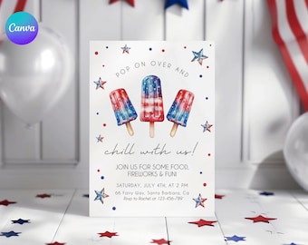 Pop On Over 4th July Invitation Template, Summer BBQ Party Invite, Patriotic Popsicle Party Invitation, Editable Fourth of July Invite Card