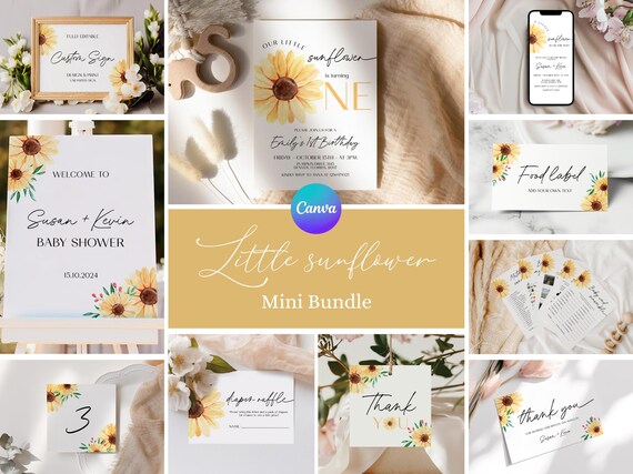 Rustic Garden Baby Shower Suite, Sunflower Baby Shower Bundle, Sweet Sunflower Baby Party Invitations, Our Little Sunflower Party Decor SL2