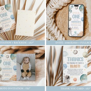 May include: A set of printable invitations and thank you cards for a first birthday party with a space theme. The invitations feature a blue and white watercolor design with planets, stars, and the text "5432 One Harrison's First Birthday". The thank you cards feature a similar design with the text "Thanks for making my party a blast!"
