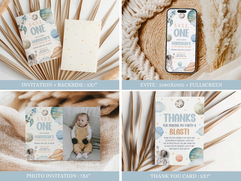 May include: A set of printable invitations and thank you cards for a first birthday party with a space theme. The invitations feature a blue and white watercolor design with planets, stars, and the text "5432 One Harrison's First Birthday". The thank you cards feature a similar design with the text "Thanks for making my party a blast!"