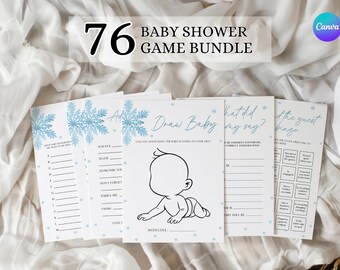 Pode incluir: Um pacote de jogos para chá de bebé com o texto "76 BABY SHOWER GAME BUNDLE". Os jogos têm um design de floco de neve e incluem jogos "Draw Baby" e "What did my say?". O fundo é branco.
