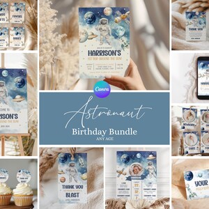 Könnte beinhalten: Ein druckbares Astronauten-Geburtstagsparty-Paket in blau, weiß und gold. Das Paket beinhaltet ein Willkommens-Schild, Einladungen, Dankeschön-Etiketten, Cupcake-Topper und ein druckbares Schild mit dem Text "Ihr Text" in blau und gold.