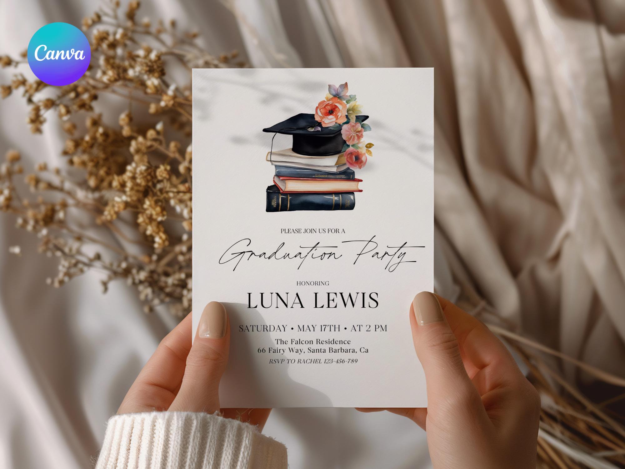 Book Graduation Invitation Template, Printable Floral Grad Invite Card, College Grad Party Evite, Editable Grad 2025 Party Invitation Сard