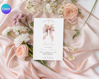 Invitación para bautizo y primer cumpleaños: Flor silvestre rosa para niña (descarga instantánea)