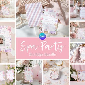 May include: A collection of spa-themed birthday party supplies, including invitations, thank you cards, and a banner. The color scheme is soft pink and lavender, with illustrations of spa elements. The text "Spa Party Birthday Bundle" is displayed prominently.