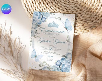 May include: A rectangular invitation card featuring blue floral illustrations, two light blue butterflies, and a crown icon. The text reads Quinceanera Celebration honoring Jessica Garcia, Saturday September 18 at 5:00 PM, Le Grand Air Cafe, 81 Air Street, San Francisco, RSVP to Anna at 123456789.