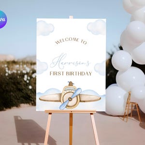 Placa de boas-vindas para o primeiro aniversário de avião, pôster de boas-vindas para o primeiro aniversário de menino piloto, placa de entrada de aniversário Time Flys, boas-vindas para o aniversário de avião AR1