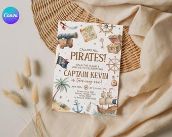 Watercolor Pirate Ship Birthday Invitation, Calling All Pirates First Birthday Card, Boys Treasure Map Invite Canva TE1
