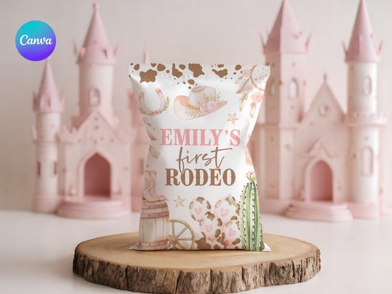 My First Rodeo Chips Bag – Girl Cowgirl 1st Birthday Favor (Editable Canva Template) RG1
