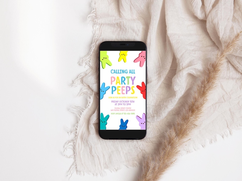 May include: A smartphone displaying a party invitation with the text "Calling all Party Peeps" and colorful cartoon Peeps candy. The invitation is for Friday, October 20th from 3 PM to 5 PM.