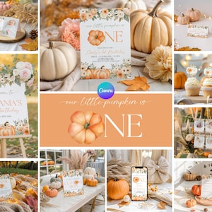 May include: A collection of fall-themed birthday party decorations featuring pumpkin illustrations and floral accents. Items include printed signs, cupcake toppers, and photo displays with text such as our little pumpkin is ONE.