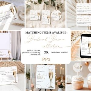May include: A set of printable bridal shower decorations in a gold and white colour scheme. The design features a champagne flute with pearls and the text "Pearls and Prosecco Collection".