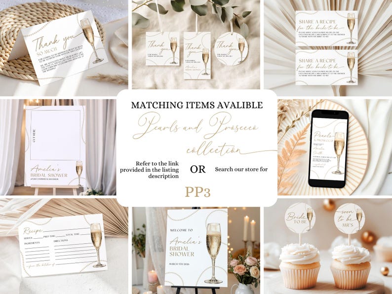 May include: A set of printable bridal shower decorations in a gold and white colour scheme. The design features a champagne flute with pearls and the text "Pearls and Prosecco Collection".