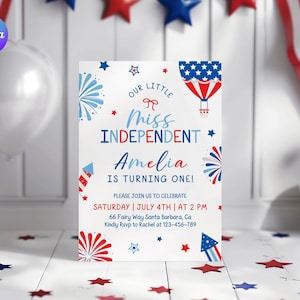 Invito per il compleanno di Miss Independent, invito modificabile per il 4 luglio, modello di invito elettronico per il primo compleanno di Liberty, invito per un compleanno patriottico