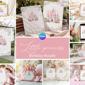 May include: A collection of pink and white princess-themed birthday party supplies. The image includes invitations, signs, and a phone screen with a castle design. The words "Little Princess Birthday Bundle" are displayed in a pink font.