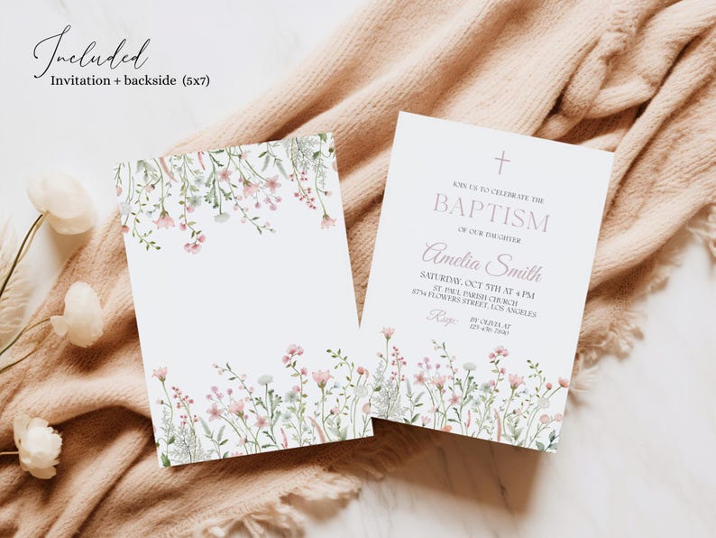 Puede incluir: Una invitaci&oacute;n de bautismo floral con una cruz rosa y el texto "&Uacute;nase a nosotros para celebrar el bautismo de nuestra hija Amelia Smith. S&aacute;bado, 5 de octubre a las 4 PM. Iglesia parroquial de San Pablo, 875 Flowers Street, Los &Aacute;ngeles. RSVP al 626-478-2068."