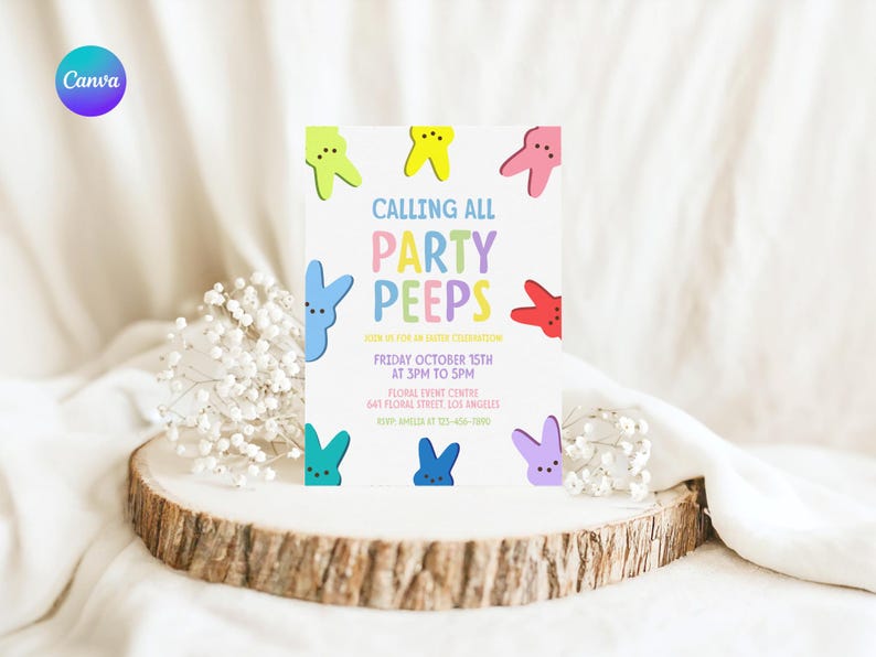 May include: A white invitation card with colorful cartoon peeps and the text "Calling all Party Peeps" with details for a party on Friday, October 15th from 3pm to 5pm at the Floral Event Centre, 64T Floral Street, Los Angeles.