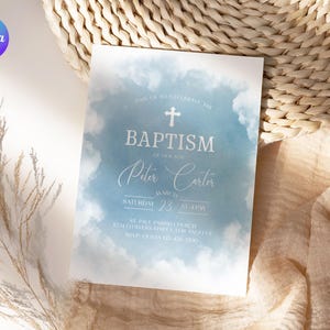 Faire-part de baptême garçon bleu, modèle d'invitation de baptême aquarelle modifiable, carte bleue première communion, Faire-part de bénédiction catholique