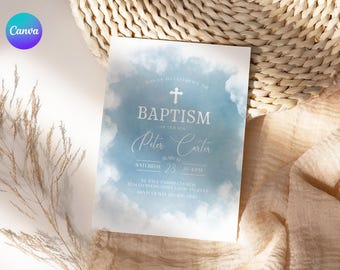 Invitación de bautismo de niño azul, plantilla editable de invitación de bautizo en acuarela, tarjeta azul de primera comunión, invitación con bendición católica