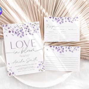 Convite para chá de panela Love in Bloom, convite para chá de panela com flores roxas, cartão de receita para chá de panela de primavera, agradecimento para chá de panela roxo
