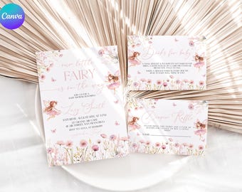 May include: Baby shower invitations and inserts with a fairy theme. The invitation reads "Our little fairy is on the way" with the name Lucy Smith. The inserts include a diaper raffle and a message for the baby.