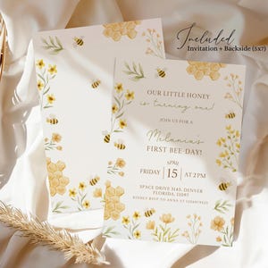 May include: A yellow and white invitation card with a bee and honeycomb theme. The text reads "Our little honey is turning one! Join us for a Melania's First Bee-Day! Friday April 15 at 2 PM. Space Drive 3145, Denver Florida, 11097. Kindly RSVP to Anna at 1256979330."