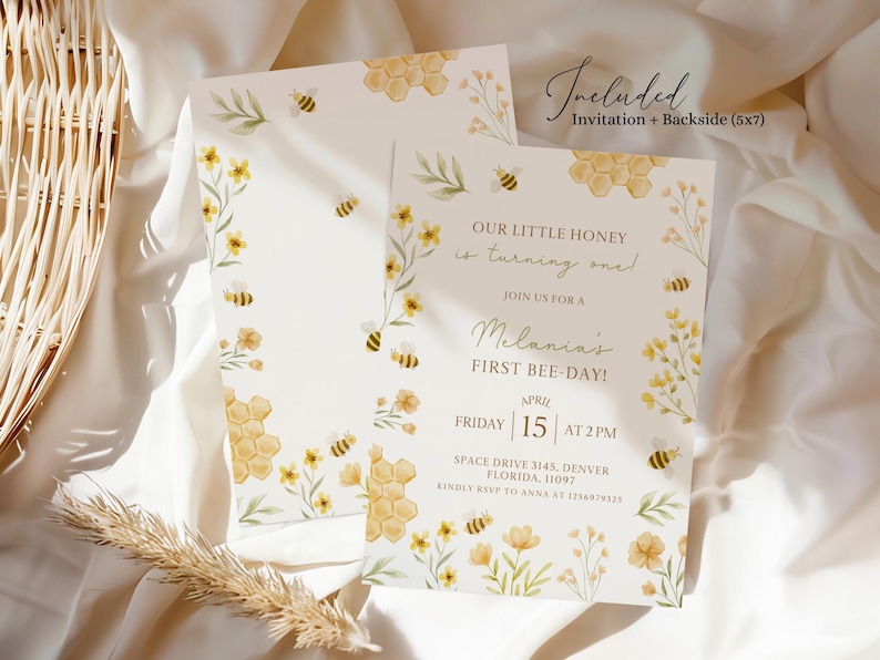 May include: A yellow and white invitation card with a bee and honeycomb theme. The text reads "Our little honey is turning one! Join us for a Melania's First Bee-Day! Friday April 15 at 2 PM. Space Drive 3145, Denver Florida, 11097. Kindly RSVP to Anna at 1256979330."