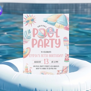 10e anniversaire de piscine pastel imprimable, invitation de fête d'anniversaire de natation de filles, modèle modifiable d'invitation d'anniversaire de piscine d'été