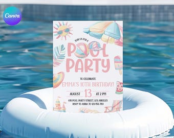 Printable Pastel Pool 10th Birthday Invite, Girls Swimming Birthday Party Invitation, Editable Summer Pool Birthday Invitation Template