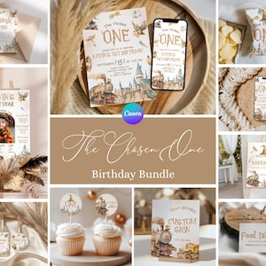 May include: A collection of birthday party decorations and stationery with a fantasy theme. Includes invitations, phone mockups, cupcake toppers, a welcome sign, and a custom sign. The design features a train, castle, and the text "The Chosen One".