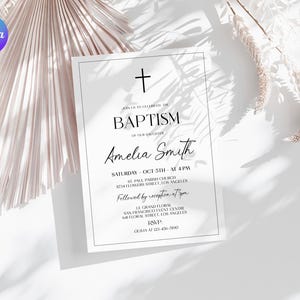 Modèle d'invitation de baptême noir et blanc, faire-part de baptême classique, invitation simple croix de baptême, carte d'invitation religieuse minimaliste
