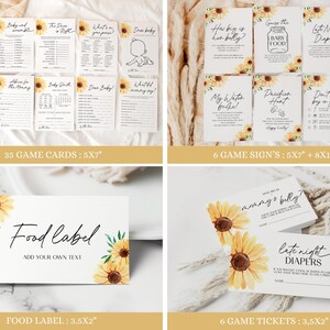 Może przedstawiać: Zestaw drukowanych gier na baby shower z grafiką słonecznik&oacute;w. Zestaw zawiera 35 kart do gry, 6 tabliczek do gry i 6 bilet&oacute;w do gry. Karty do gry mają rozmiar 12,7x17,8 cm, tabliczki do gry mają rozmiar 12,7x17,8 cm i 20,3x25,4 cm, a bilety do gry mają rozmiar 8,9x5,1 cm. Karty do gry zawierają gry takie jak "Zgadnij jedzenie dla dziecka" i "Porady dla mamy". Tabliczki do gry zawierają gry takie jak "Jak duży jest jej brzuch?" i "Zgadnij jedzenie dla dziecka". Bilety do gry zawierają gry takie jak "Brzuch mamy?" i "Nocne pieluchy".