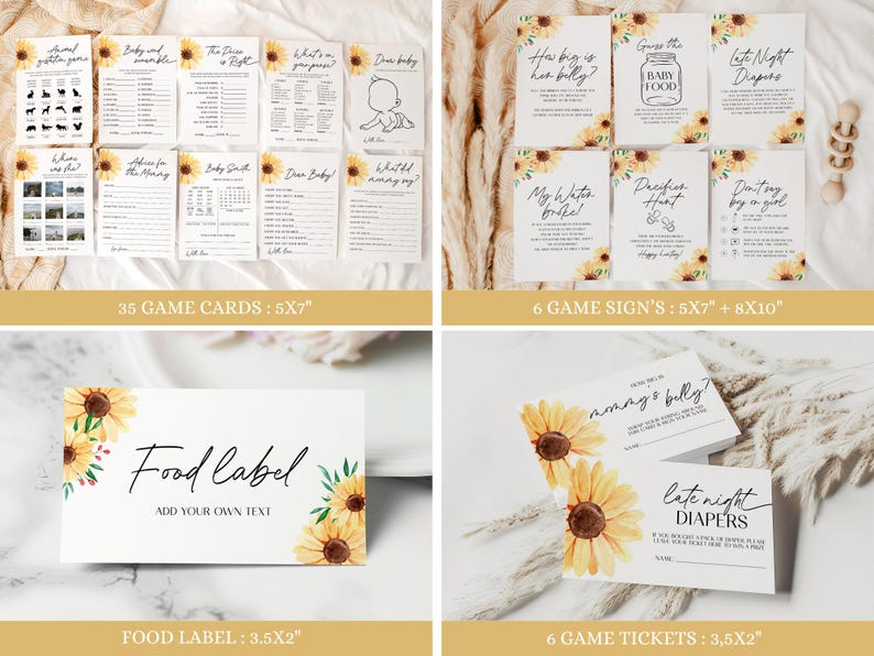 Może przedstawiać: Zestaw drukowanych gier na baby shower z grafiką słonecznik&oacute;w. Zestaw zawiera 35 kart do gry, 6 tabliczek do gry i 6 bilet&oacute;w do gry. Karty do gry mają rozmiar 12,7x17,8 cm, tabliczki do gry mają rozmiar 12,7x17,8 cm i 20,3x25,4 cm, a bilety do gry mają rozmiar 8,9x5,1 cm. Karty do gry zawierają gry takie jak "Zgadnij jedzenie dla dziecka" i "Porady dla mamy". Tabliczki do gry zawierają gry takie jak "Jak duży jest jej brzuch?" i "Zgadnij jedzenie dla dziecka". Bilety do gry zawierają gry takie jak "Brzuch mamy?" i "Nocne pieluchy".