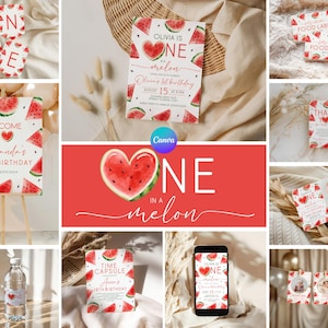 May include: A collection of watermelon-themed party decorations and stationery. Includes invitations, food labels, welcome signs, and photo cards. The designs feature watermelon slices and the phrase "One in a melon."