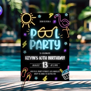 Neon zwembad eerste verjaardagsuitnodiging verjaardagsfeestje, disco pool 10e verjaardag uitnodigingskaart, neon zwemmen verjaardagsuitnodiging, Glow zwemmen feestuitnodiging