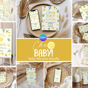 May include: A baby shower bundle featuring lemon-themed designs. Includes invitations, welcome signs, thank you cards, and table numbers. The designs incorporate lemons, greenery, and the text "Cha BABY!" and "Welcome to Jessica's baby shower".