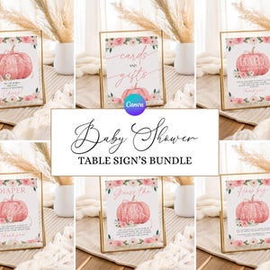 Pink Pumpkin Baby Shower Tabletop Sign Pack, Fall Baby Shower Table Signs, Floral Pumpkin Baby Shower Decor,  Autumn Baby Signage Kit MP2