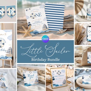 Little Sailor 1st Birthday Party Bundle, Nautical 1st Birthday Package, Sailing Bday Invitations, Sailing into One Birthday Decor Bundle NC1