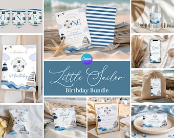 Little Sailor 1st Birthday Party Bundle, Nautical 1st Birthday Package, Sailing Bday Invitations, Sailing into One Birthday Decor Bundle NC1