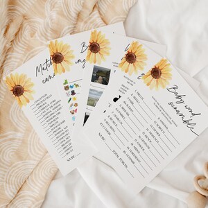 Może przedstawiać: Zestaw trzech kart do gry na baby shower z motywem słonecznika. Gry to "Match the Cans", "Baby Word Scramble" i "When is the Due Date".