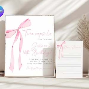 Cápsula do tempo de aniversário com laço coquete, cartão de cápsula do tempo de 1º aniversário com laço rosa aquarela, laço editável para lembrança de festa de primeiro aniversário PK1