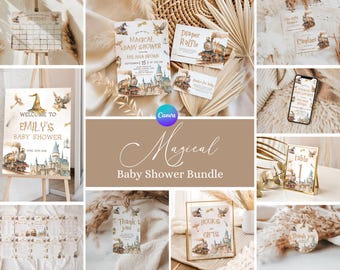 Wizard babyshower bundel, magische babyshower kit, kasteel babyshower uitnodigingspakket, magische babyspellen, magische school babyshower decor MS2
