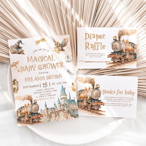 Ensemble d'invitations baby shower sorcier, invitation baby shower château magique, invitation baby shower baguette magique, baby shower enchanté Evite MS2