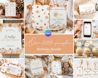 Pumpkin 1st Birthday Invite Set, Floral Pumpkin First Bday Party, Fall Girl Birthday Decorations, Our Little Pumpkin 1st Birthday Bundle AT1