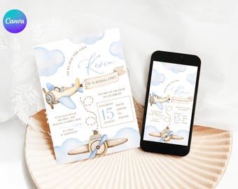 May include: A birthday invitation with a watercolor airplane theme. The invitation features a light blue and beige color scheme with clouds and an airplane illustration. A smartphone displays the same design. The invitation is for a first birthday.