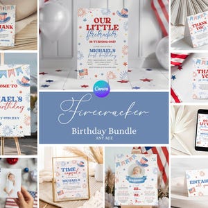 May include: A printable set of digital files for a first birthday party with a red, white and blue firecracker theme. The set includes a welcome sign, thank you cards, a time capsule sign, a birthday sign, and an editable label. The text on the signs says "Welcome to Michael's First Birthday", "Our Little Firecracker is Turning One", "Michael's First Birthday", "Time Capsule", and "Editable Label".