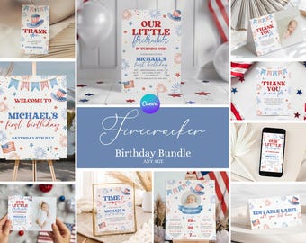 Little Firecracker 1st Birthday Bundle, 4th of July Birthday Bundle, Firecracker First Birthday Party Package, Patriotic Birthday Set FO1