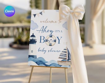 Letrero de bienvenida para baby shower "Ahoy It's a Boy", letrero de bienvenida para baby shower de velero, tablero de bienvenida para baby shower náutico, letrero de bienvenida para baby shower de marinero NC2