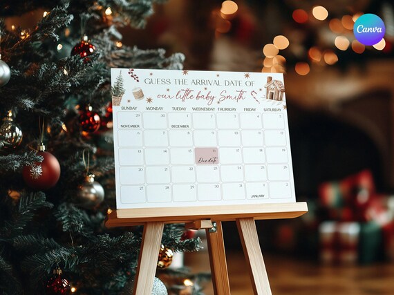 Neutral Santa Baby Shower Due Date Calender Template, Gingerbread Shower Guess the Due Date Game, Christmas Baby Birthday Calendar CM2