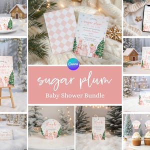 Op de afbeelding: Een baby shower bundel met een winterthema. Het ontwerp omvat uitnodigingen, een welkomstbord, voedseletiketten en bedanklabels. Het kleurenpalet is zachtroze, wit en groen, met illustraties van kerstbomen en speelgoedsoldaten.